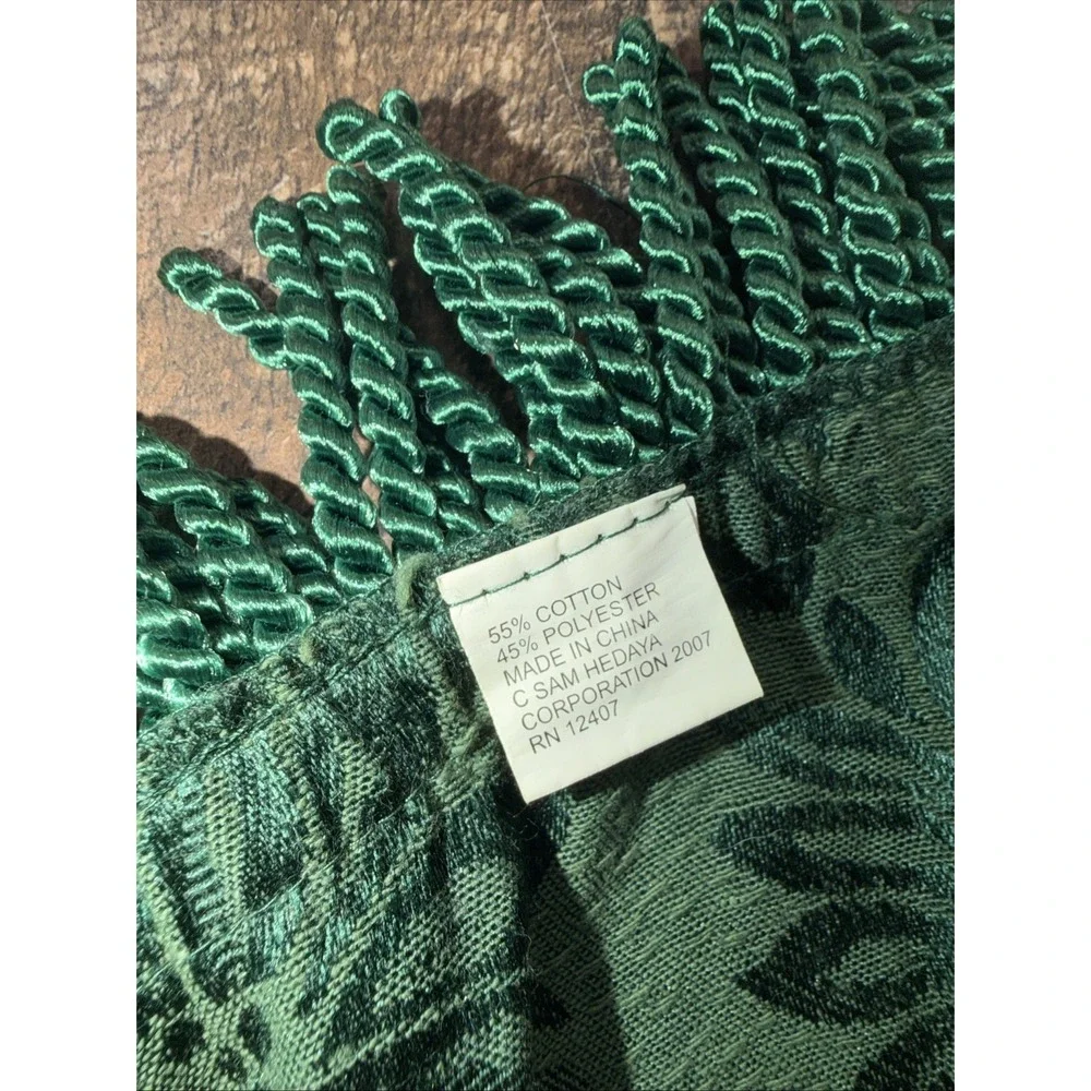 Sam Hedaya Christmas Tablecloth 60x104 Oblong Emerald Green Fringe Vintage 2007